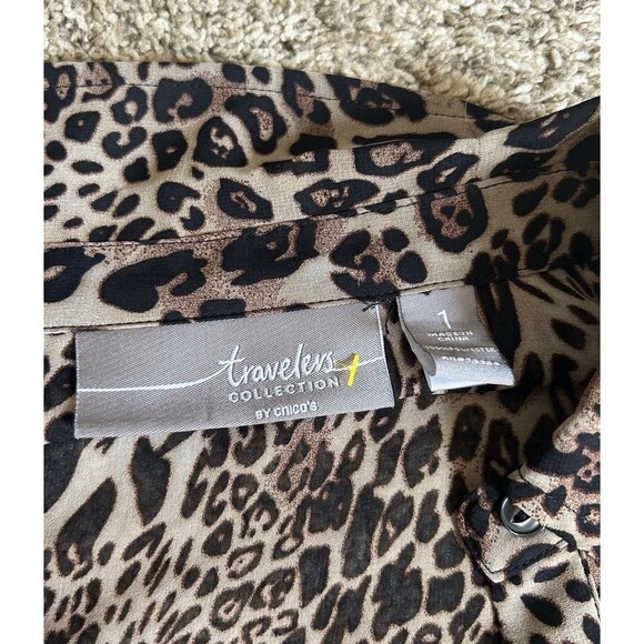 Chico’s Leopard Print Sheer Blouse Top Button Down Long Sleeve Pockets Tunic M 1 - Picture 3 of 7